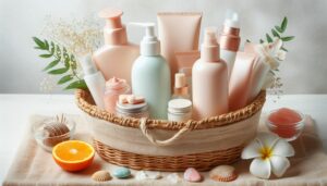 daily basket of skincare products including a cleanser, a sunscreen and a moisturizer