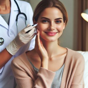 a woman in her 30s visiting her dermatologist